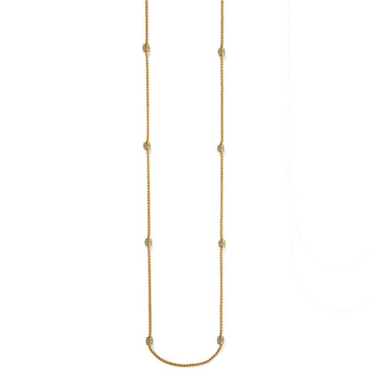 Brighton long gold-plated chain necklace with eight crystal pavé barrel stations spaced along the strand on a white background