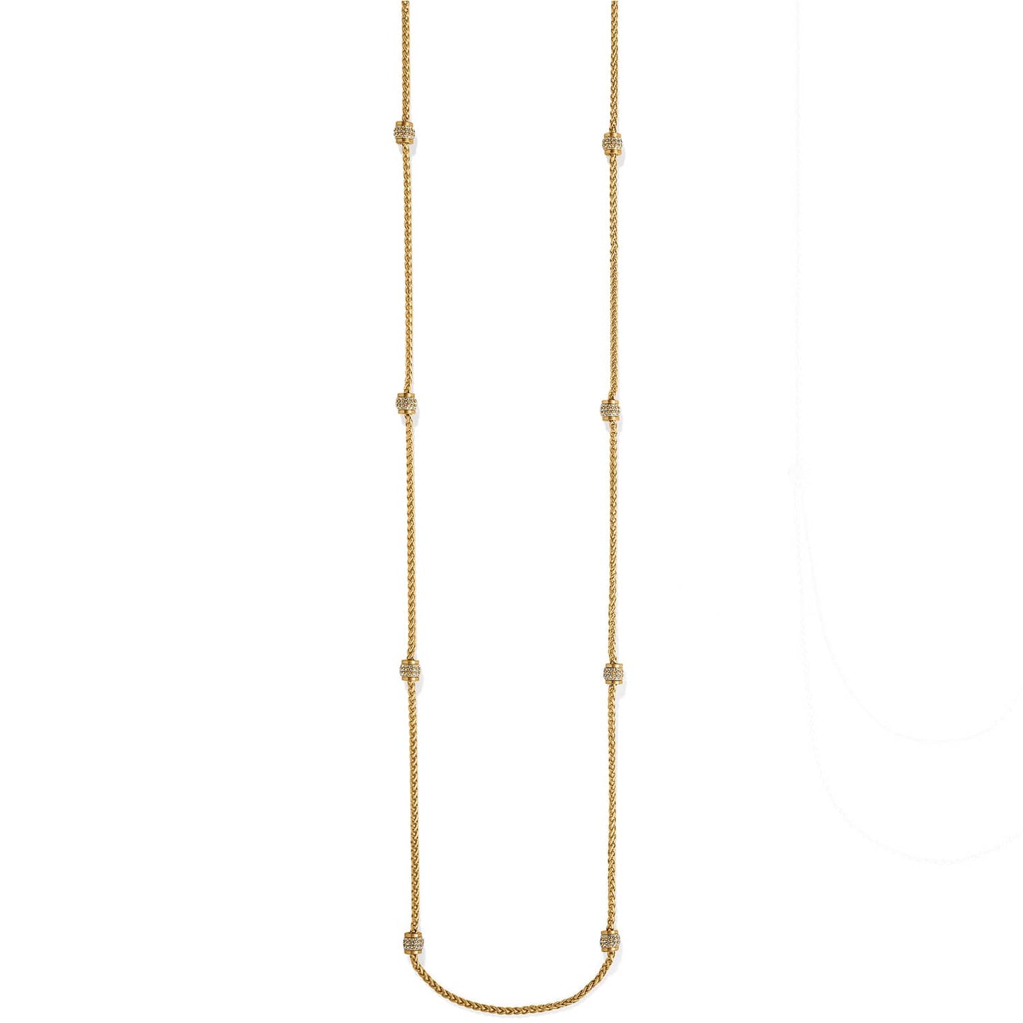 Brighton long gold-plated chain necklace with eight crystal pavé barrel stations spaced along the strand on a white background