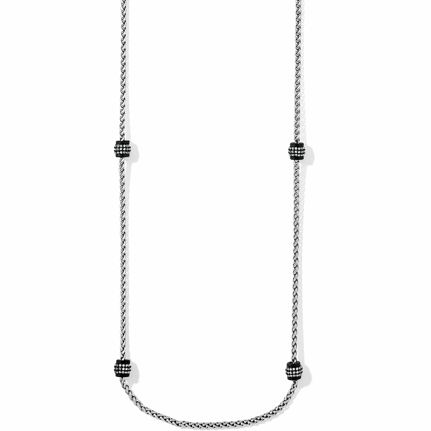 Brighton long station necklace with silver-tone chain and four black crystal-studded barrel accents on a white background