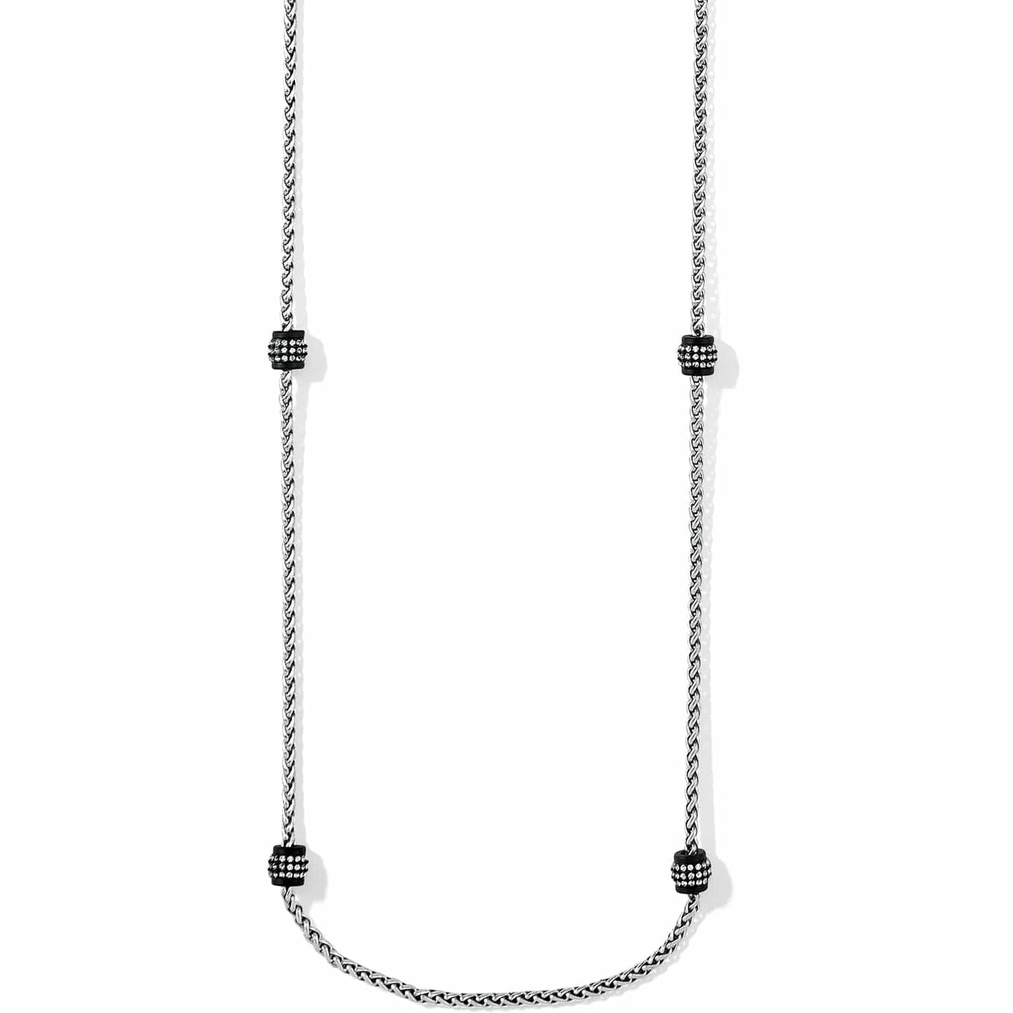 Brighton long station necklace with silver-tone chain and four black crystal-studded barrel accents on a white background