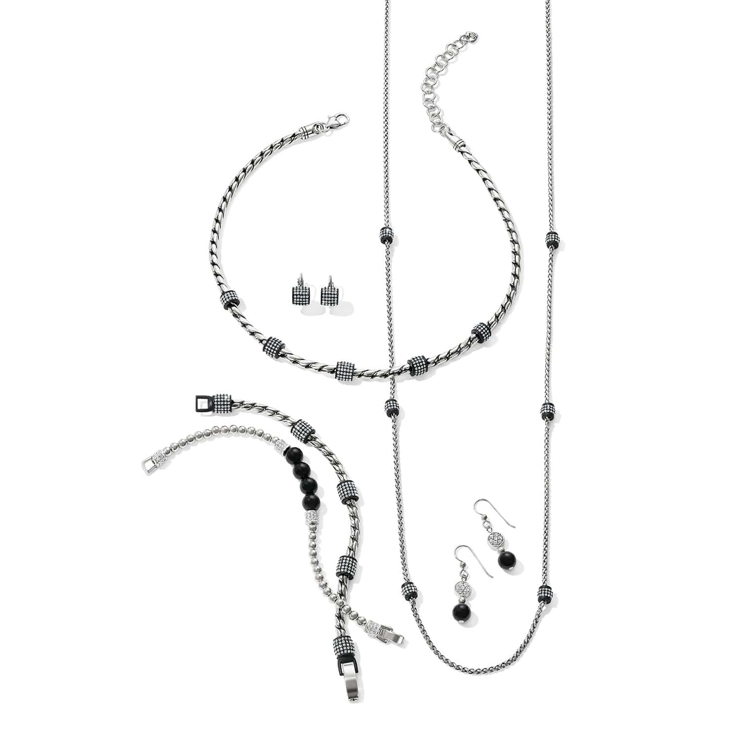 Brighton silver-plated jewelry set styled with black beaded accents, crystal pave details, and coordinating necklaces, bracelets, and earrings