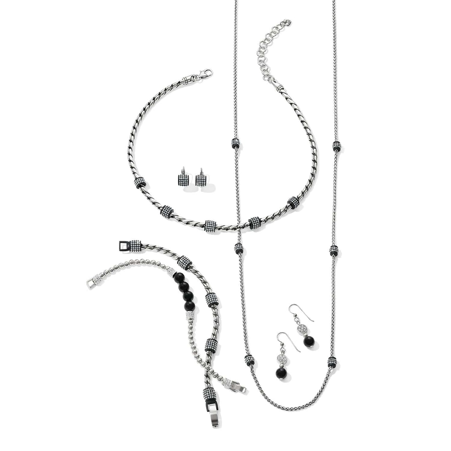 Brighton silver-plated jewelry set styled with black beaded accents, crystal pave details, and coordinating necklaces, bracelets, and earrings