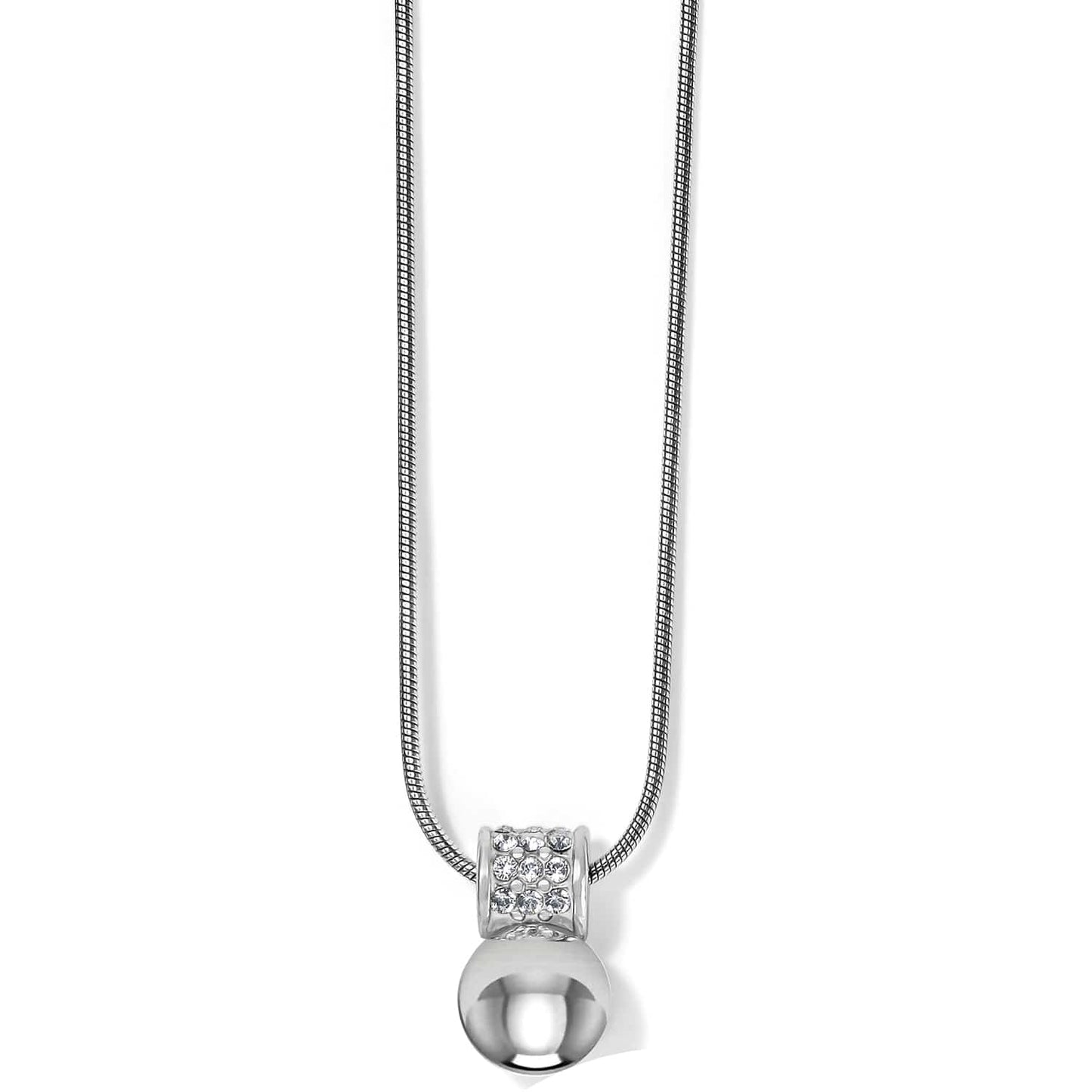 Brighton pendant necklace with silver-plated ball charm and crystal-encrusted bail on snake chain on a white background