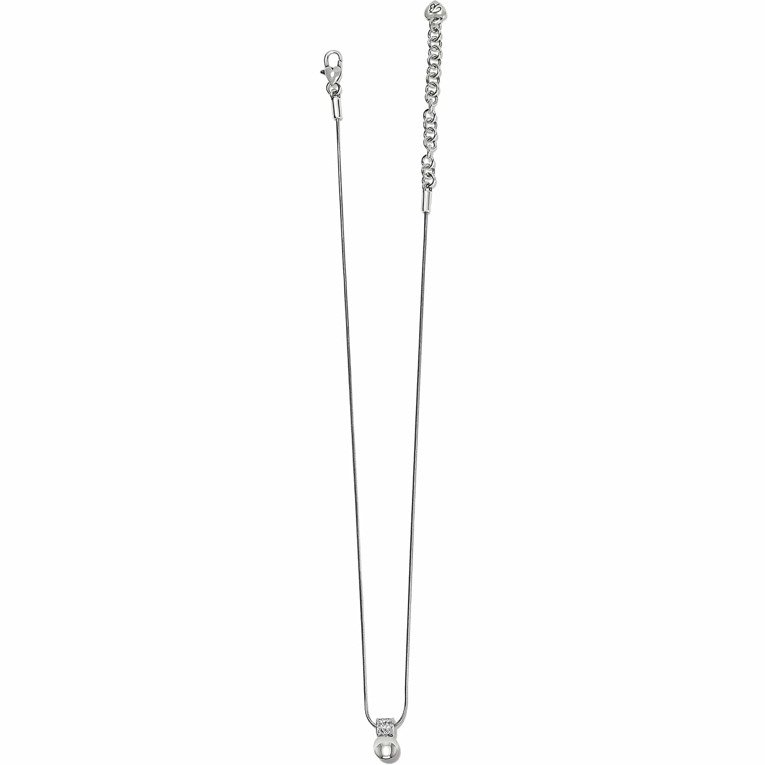 Brighton silver-plated necklace with snake chain, crystal accent, small bead pendant, and lobster clasp on a white background