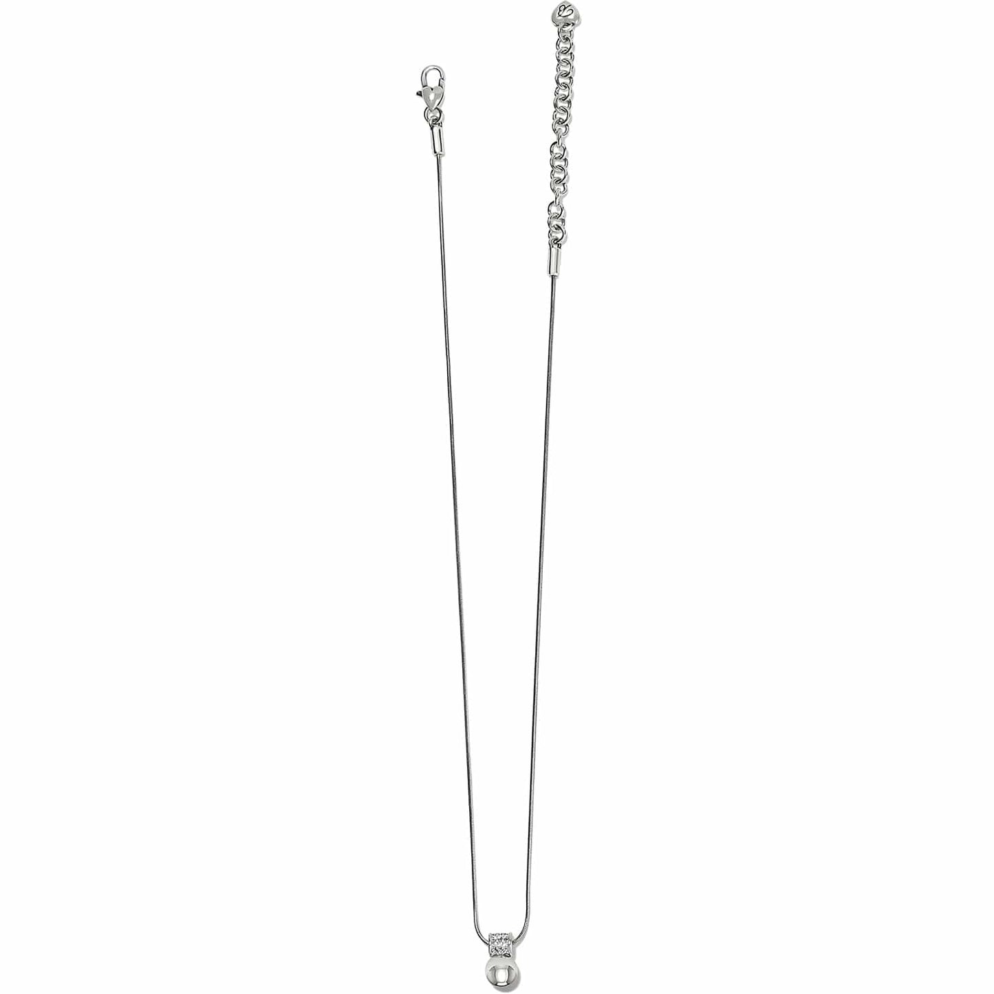 Brighton silver-plated necklace with snake chain, crystal accent, small bead pendant, and lobster clasp on a white background