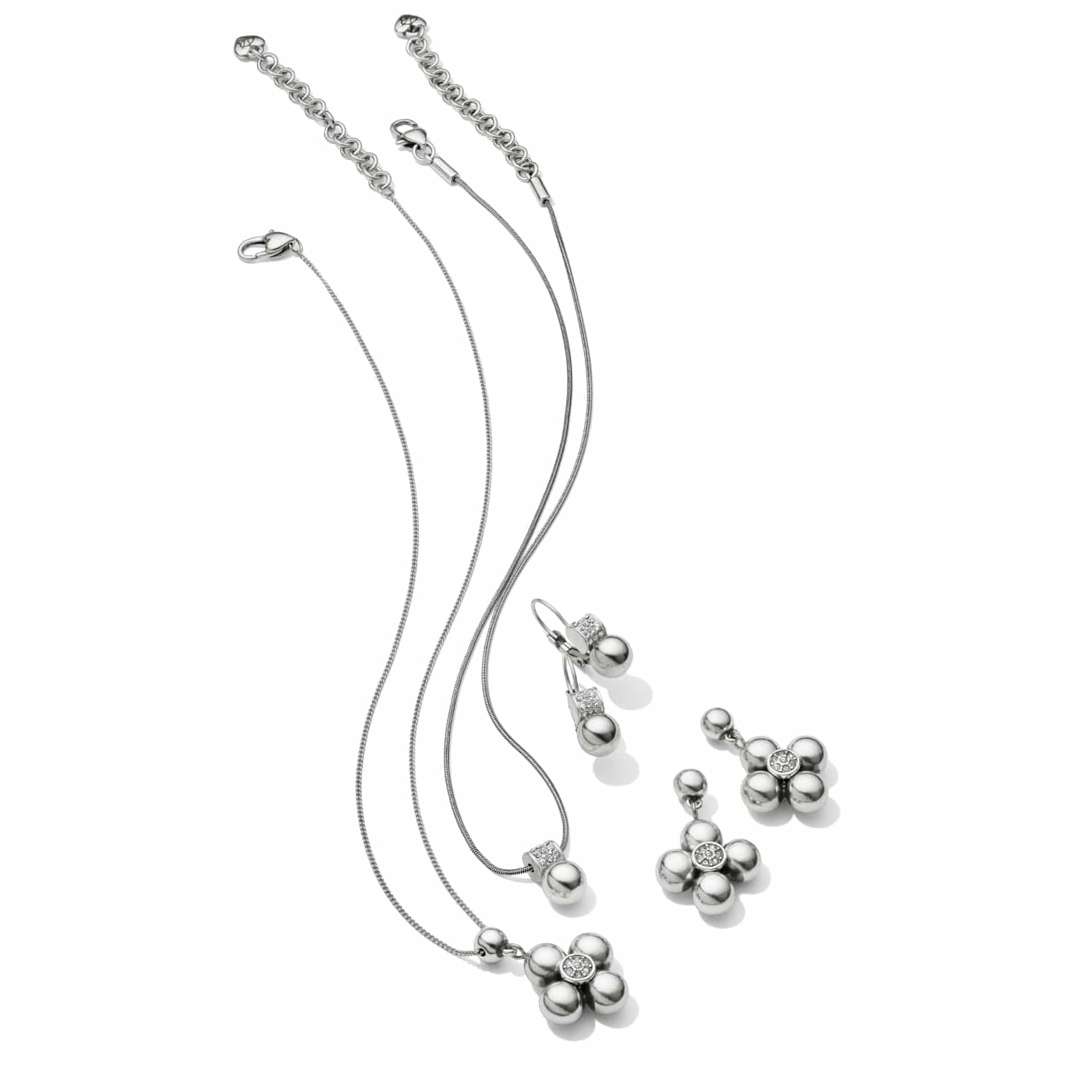 Brighton silver-plated jewelry set with floral beaded pendant necklace and matching drop earrings with crystal accents on a white background