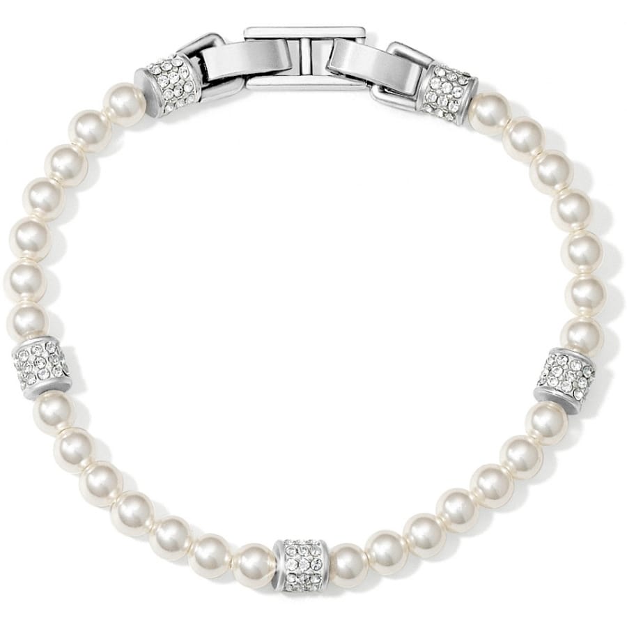 Brighton pearl bracelet with silver-plated crystal pavé rondelle accents and fold-over clasp on a white background