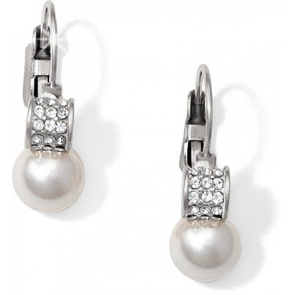 Brighton drop earrings with white pearls and silver-plated crystal-set accents on lever-back hooks on a white background