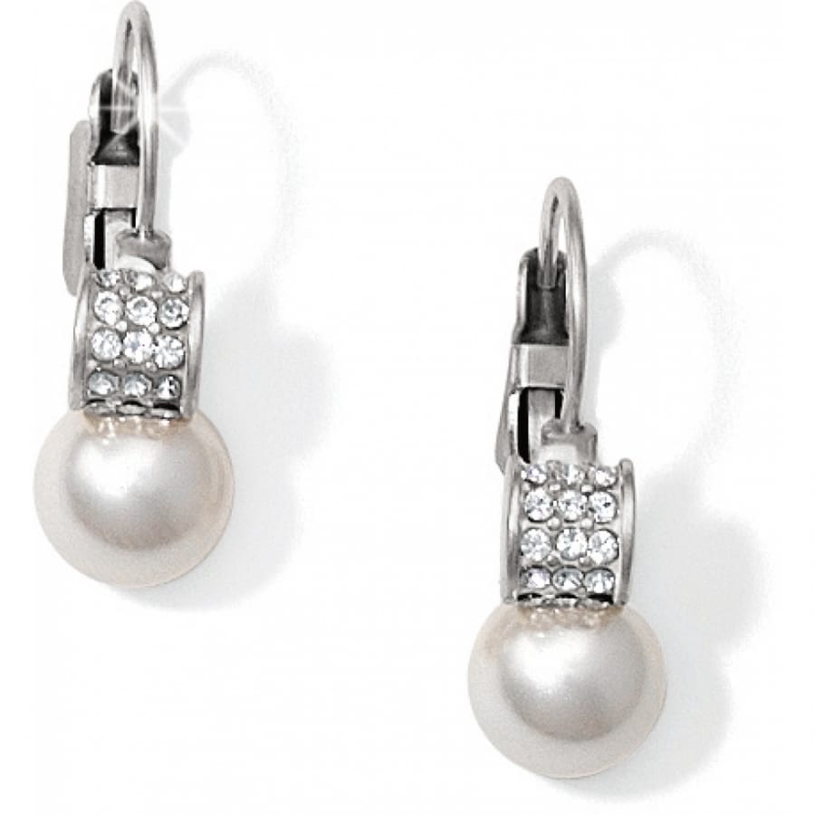 Brighton drop earrings with white pearls and silver-plated crystal-set accents on lever-back hooks on a white background