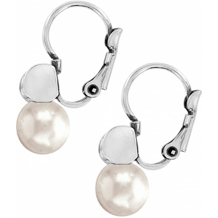 Brighton drop earrings with white pearl beads and silver-plated leverback hooks on a white background