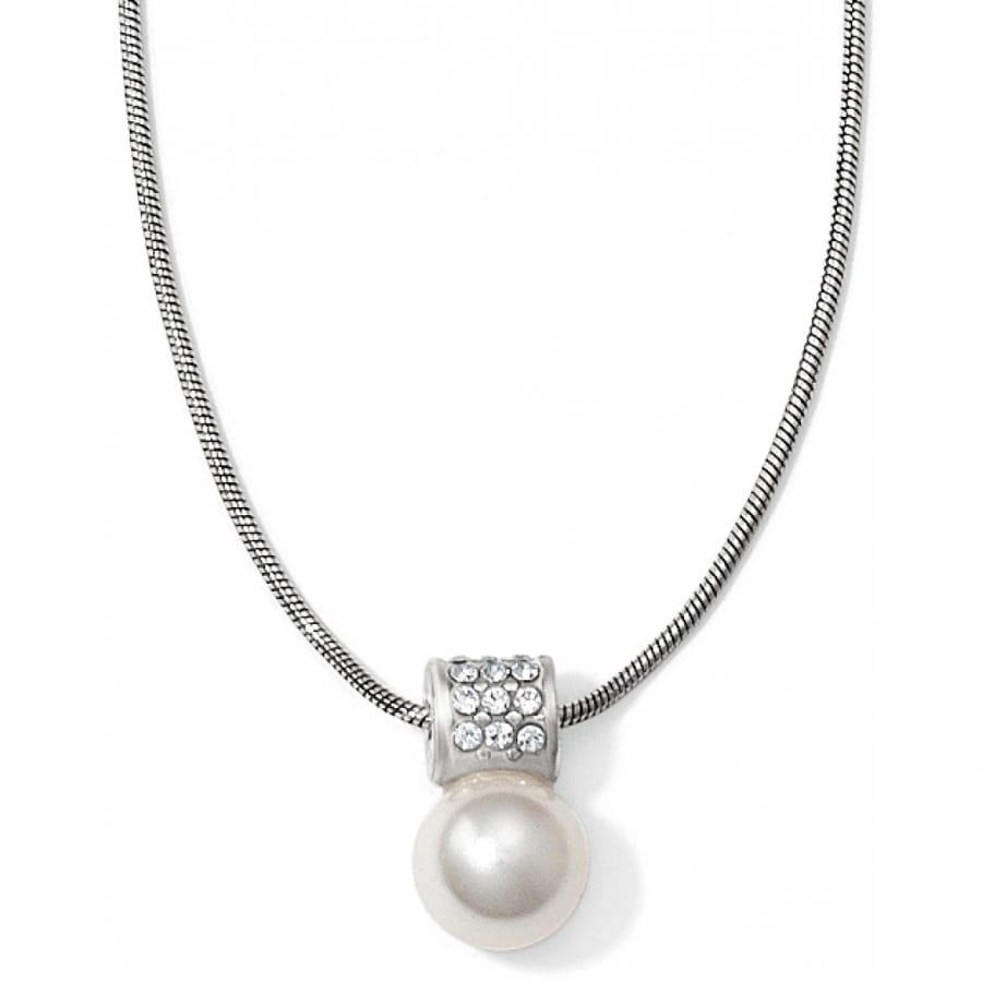 Brighton pendant necklace with pearl drop and silver-plated crystal-set bail on snake chain on a white background