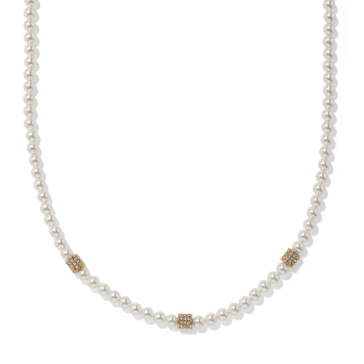 Brighton glass pearl necklace with three gold-tone crystal pavé rondelle accents on a white background