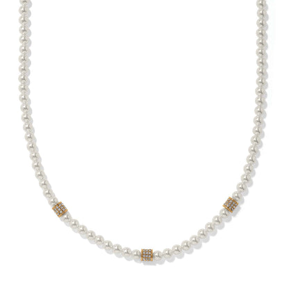 Brighton glass pearl necklace with three gold-tone crystal pavé rondelle accents on a white background