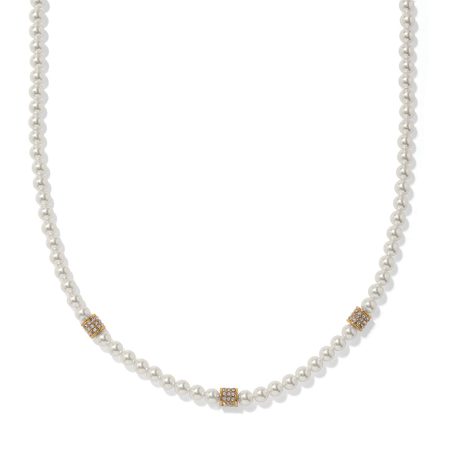 Brighton glass pearl necklace with three gold-tone crystal pavé rondelle accents on a white background