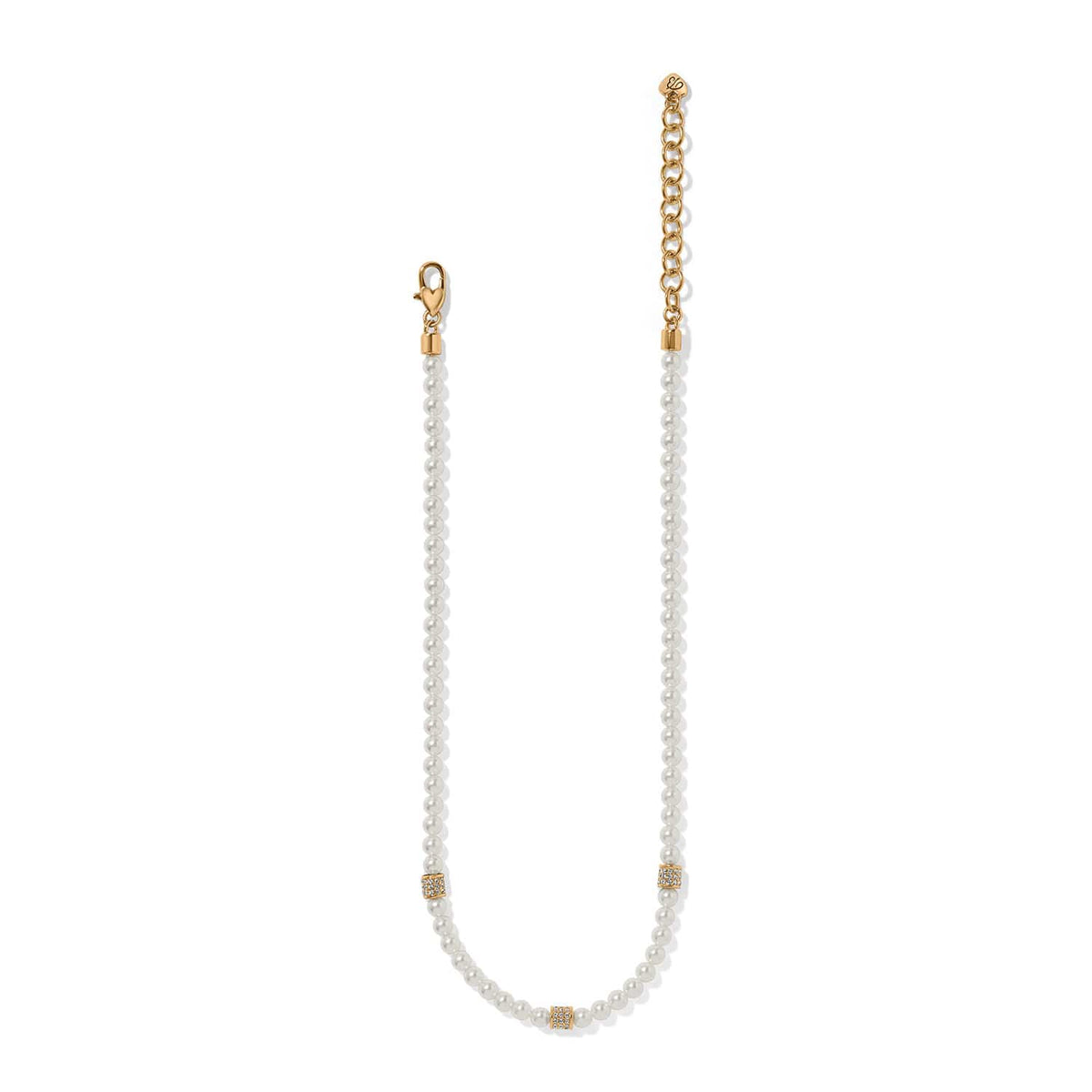 Brighton glass pearl necklace with crystal pavé stations, gold-tone clasp, and extender chain on a white background