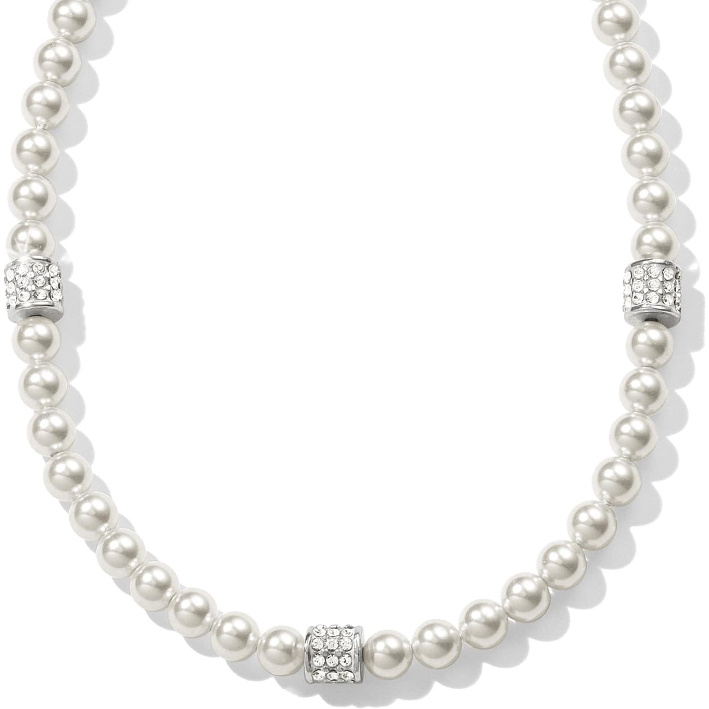 Brighton pearl necklace with three silver-plated crystal pavé rondelle accents spaced along the strand on a white background