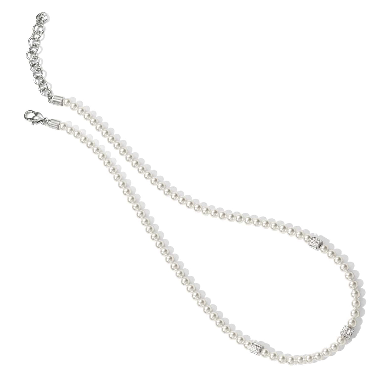Brighton pearl necklace with silver-plated crystal pavé rondelle accents, lobster clasp, and extender chain on a white background