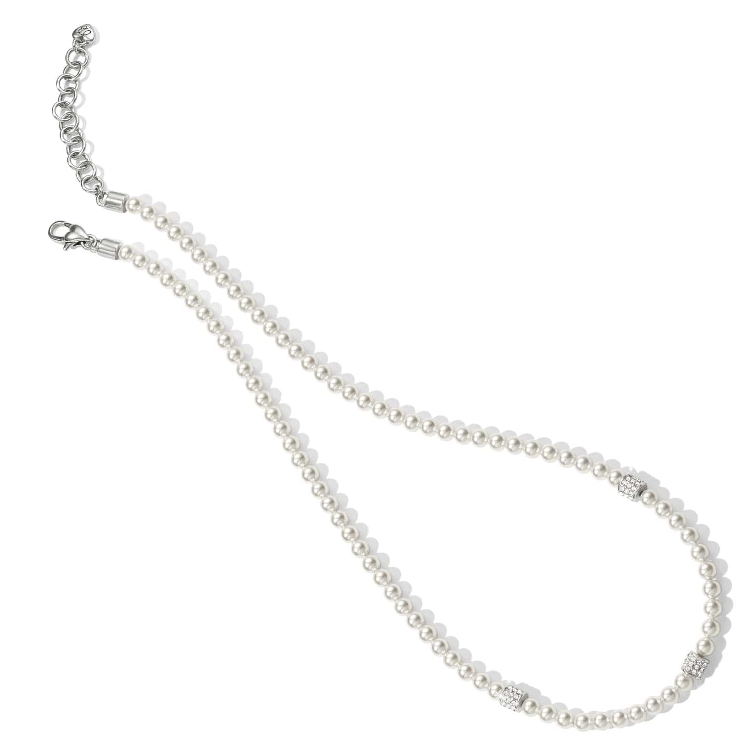 Brighton pearl necklace with silver-plated crystal pavé rondelle accents, lobster clasp, and extender chain on a white background