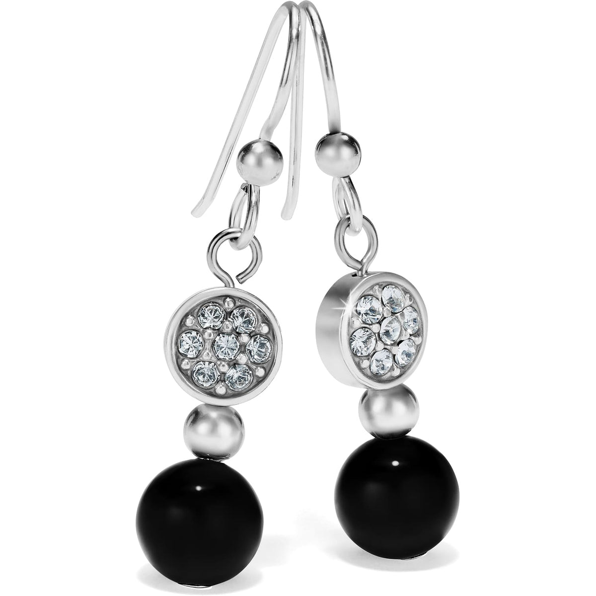 Brighton drop earrings with silver-plated crystal discs and black beads on a white background