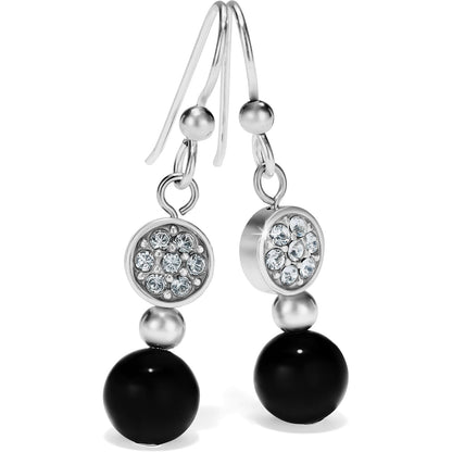 Brighton drop earrings with silver-plated crystal discs and black beads on a white background