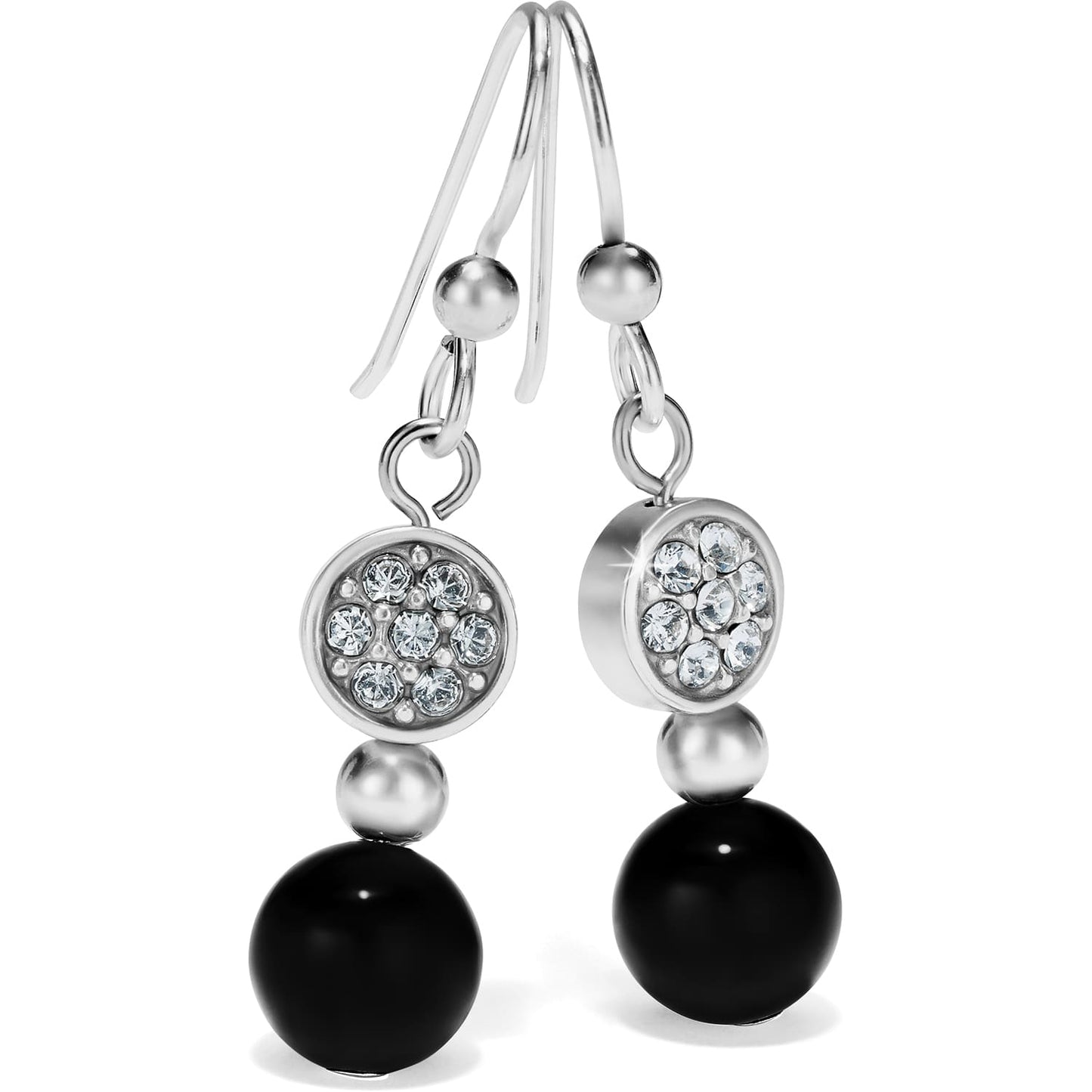 Brighton drop earrings with silver-plated crystal discs and black beads on a white background