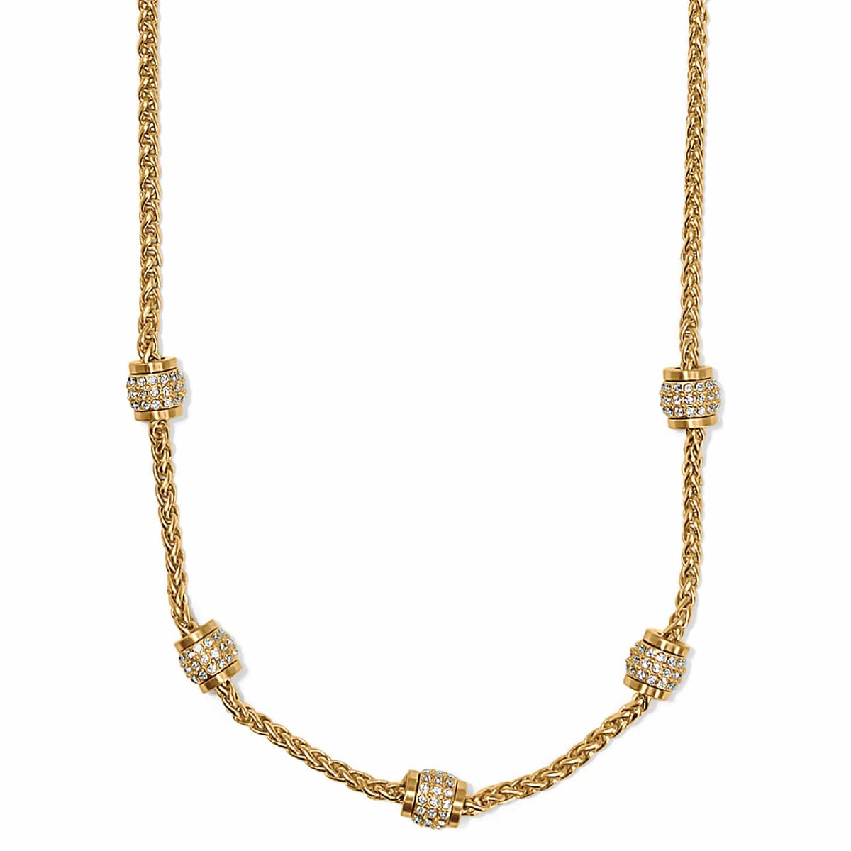 Brighton necklace with gold-plated wheat chain and five crystal-encrusted barrel stations on a white background
