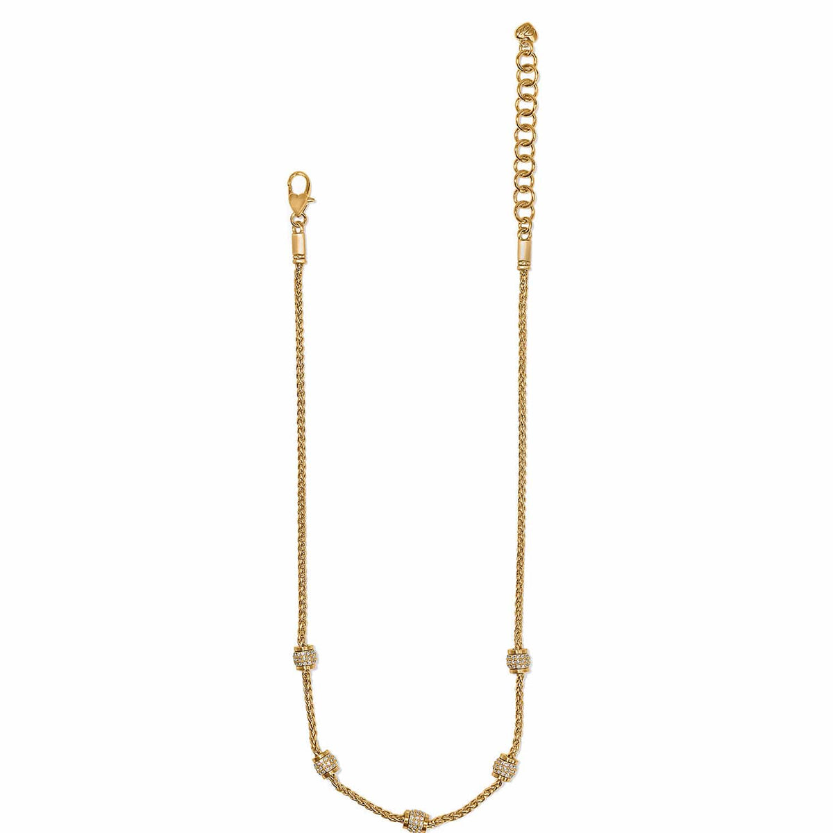 Brighton gold-plated chain necklace with crystal pavé barrel stations and lobster clasp closure on a white background