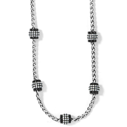 Brighton silver-tone chain necklace with black lacquer barrel stations set with crystals on a white background