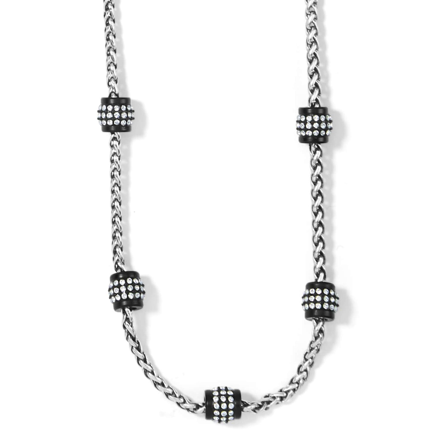 Brighton silver-tone chain necklace with black lacquer barrel stations set with crystals on a white background