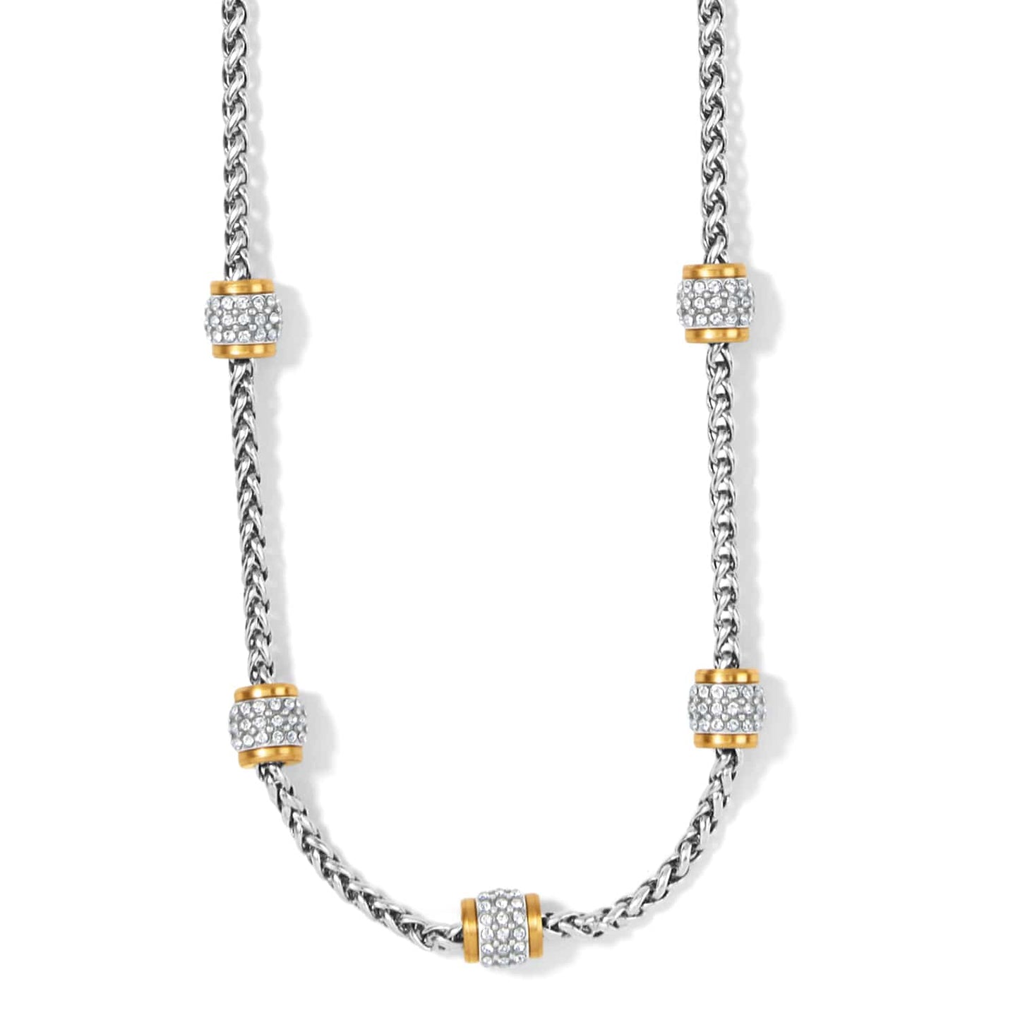 Brighton necklace with silver-plated wheat chain and five gold-plated barrel stations set with crystals on a white background