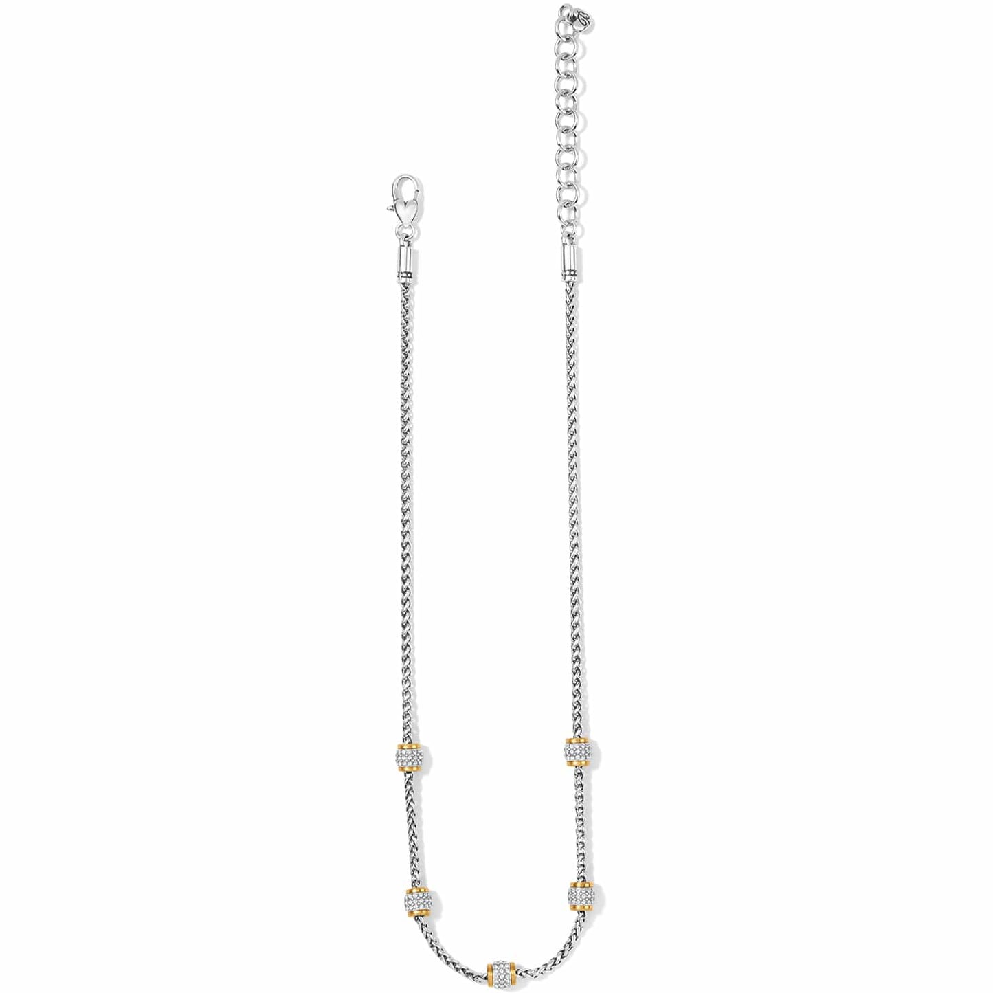 Brighton two-tone chain necklace with silver-plated wheat chain and gold-accented crystal pavé stations on a white background