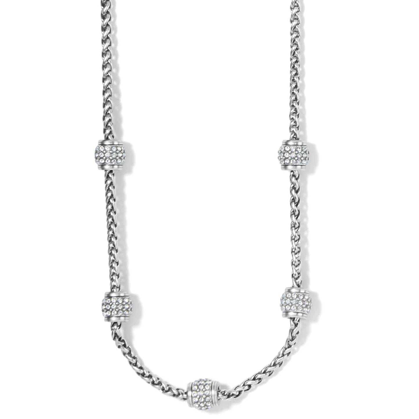 Brighton necklace with silver-plated wheat chain and five crystal-encrusted barrel stations on a white background