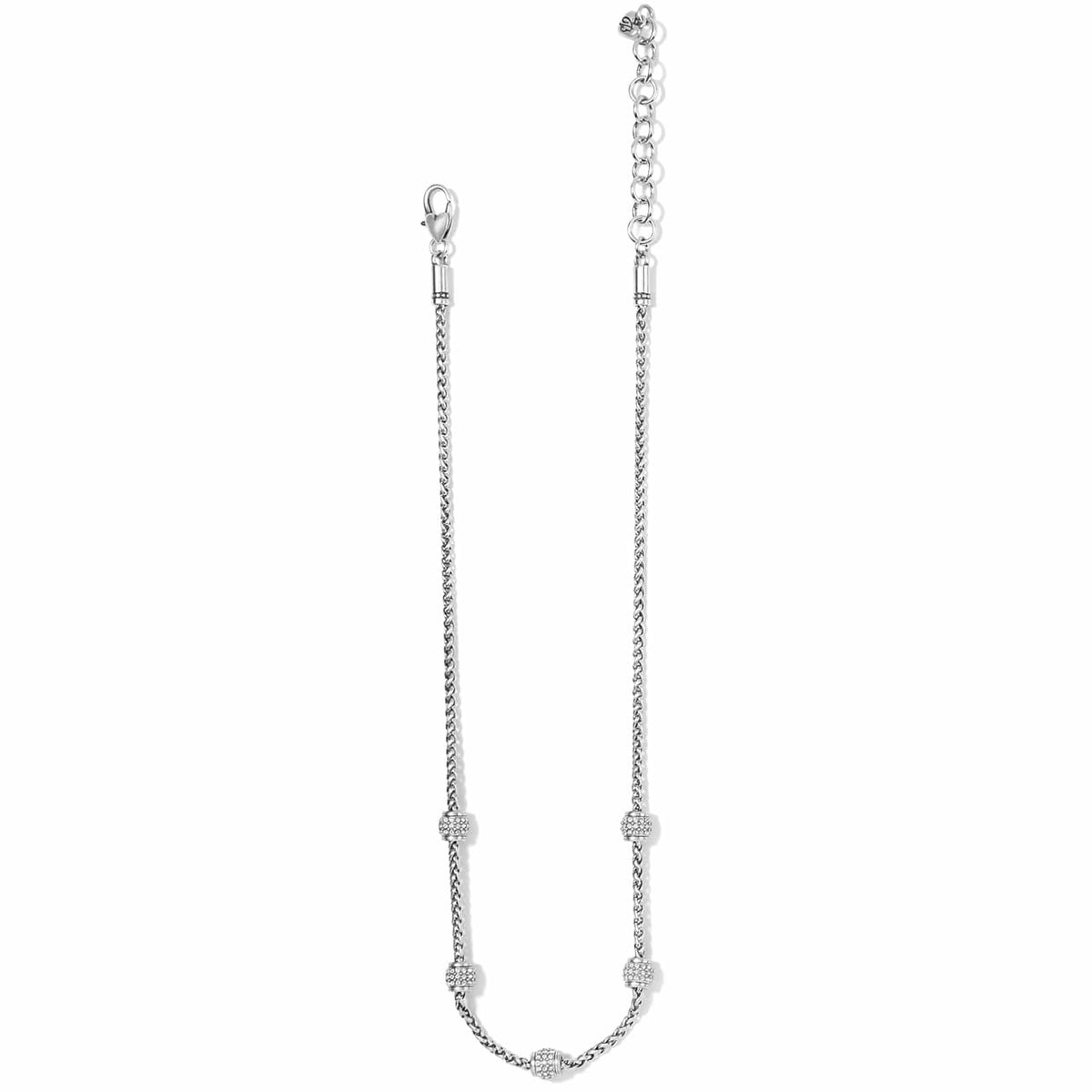 Brighton silver-plated chain necklace with crystal pavé bead stations, lobster clasp, and extender on a white background