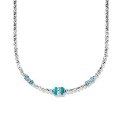 Brighton silver-plated beaded necklace with turquoise stone stations and crystal pavé accents on a white background