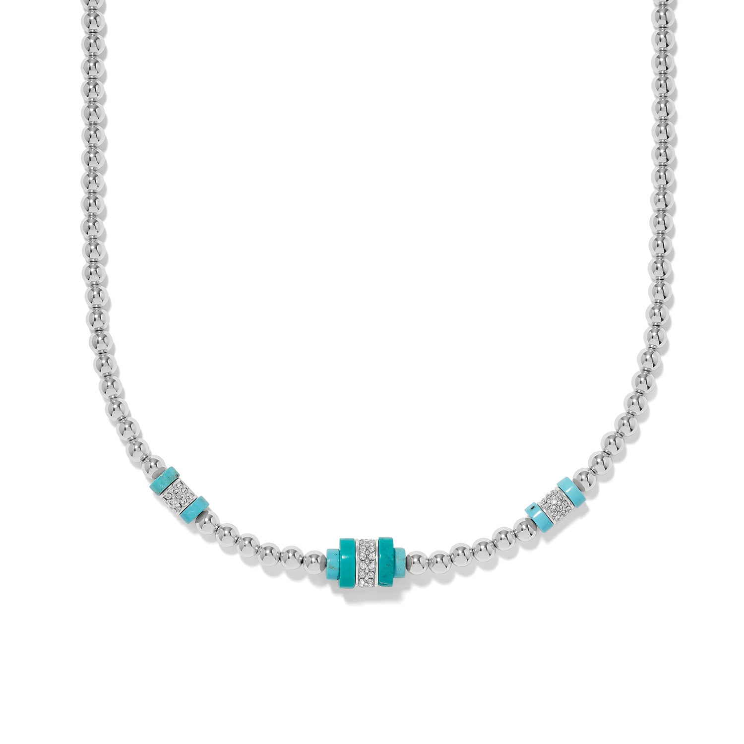 Brighton silver-plated beaded necklace with turquoise stone stations and crystal accents on a white background