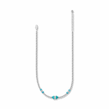 Brighton beaded necklace with silver-plated beads, turquoise accents, and crystal rondelles with lobster clasp on a white background