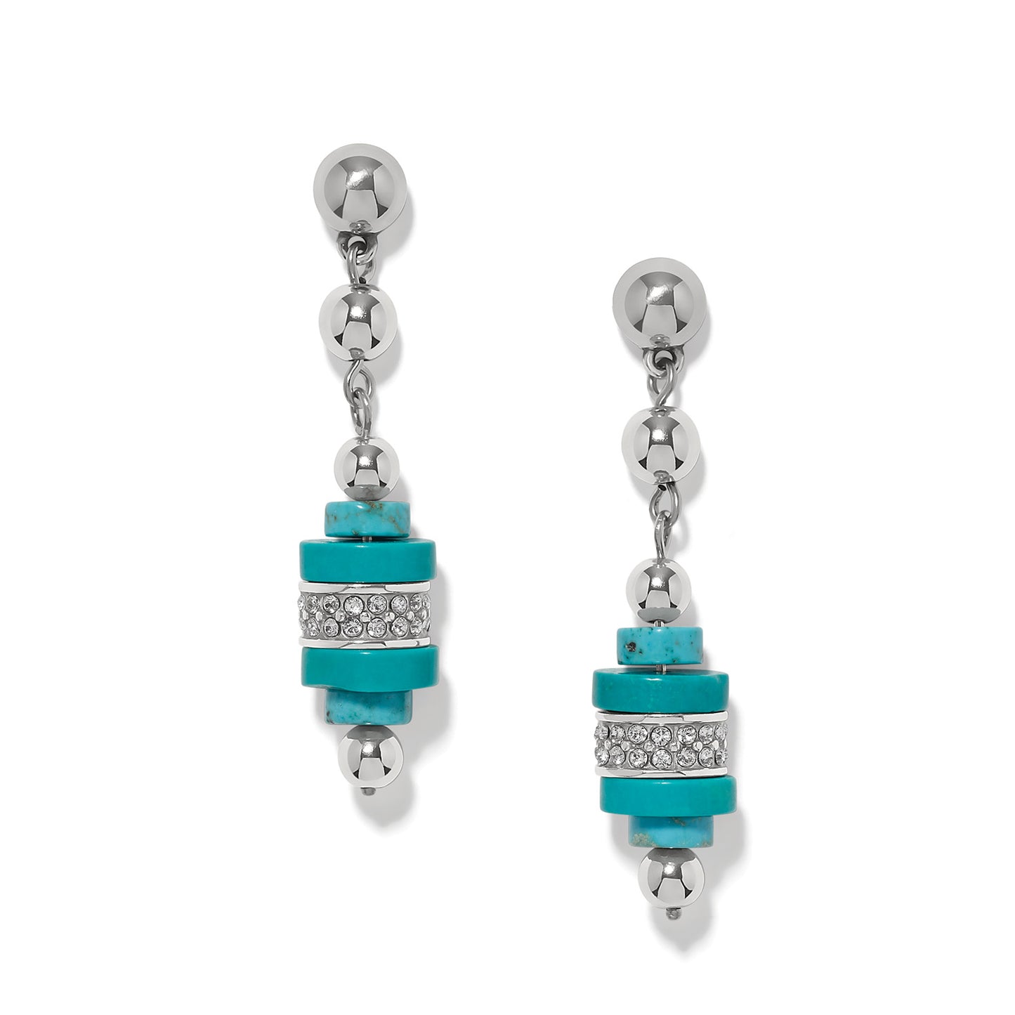 Brighton drop earrings with turquoise beads, crystal pavé accents, and silver-plated round beads on a white background