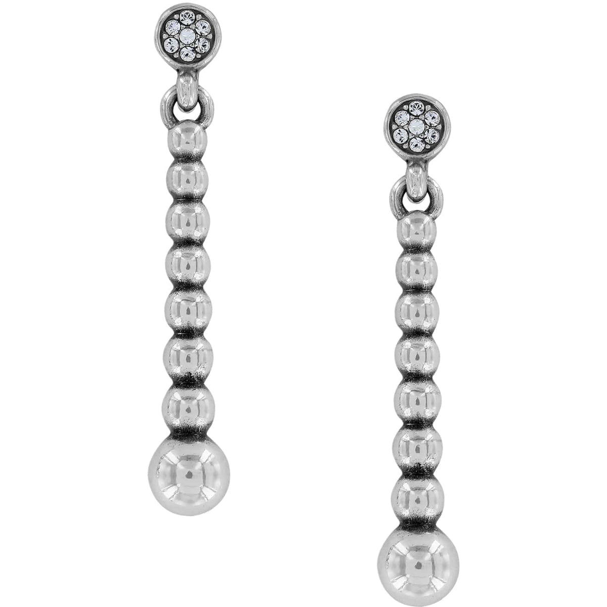 Brighton drop earrings with silver-plated graduated bead strands and crystal-set round posts on a white background