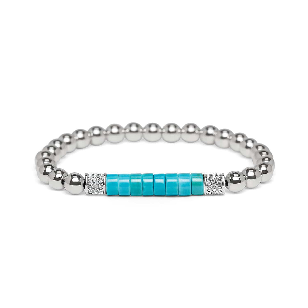 Brighton beaded bracelet with silver-plated beads, turquoise center segment, and crystal accent bars on a white background