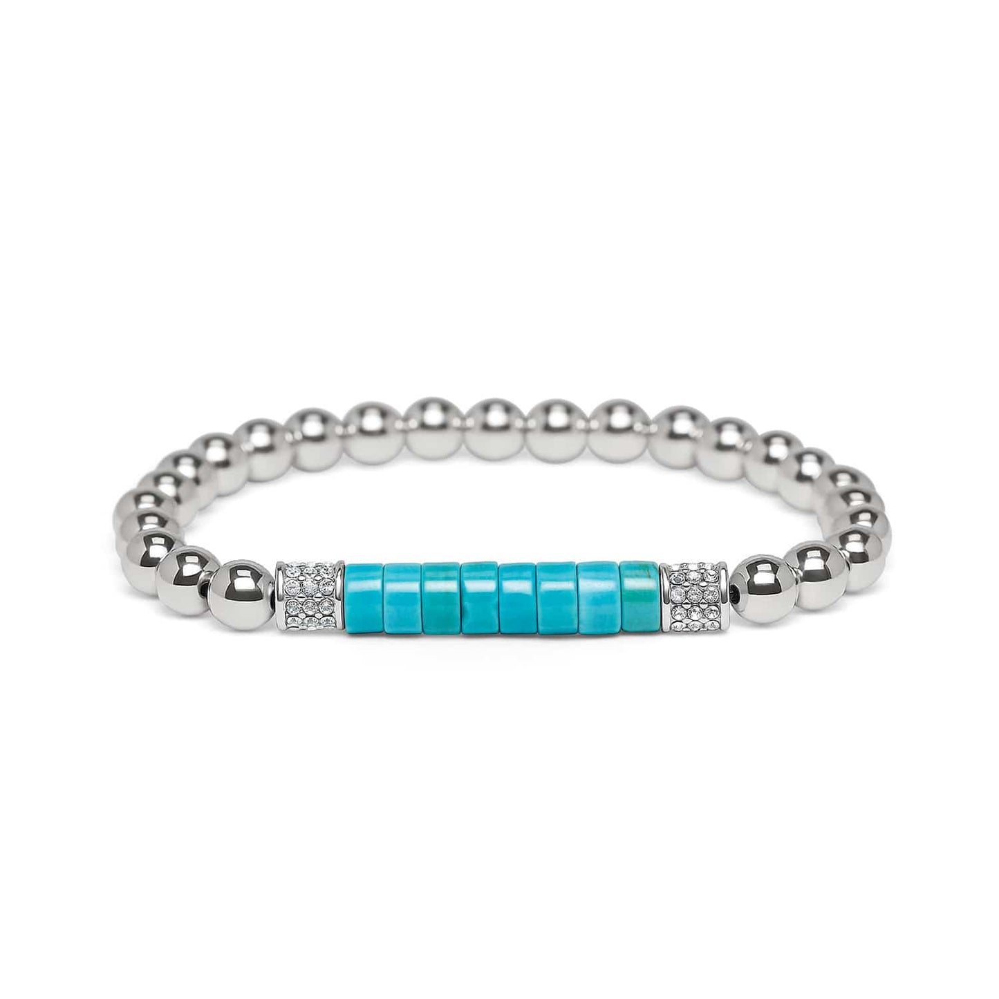Brighton beaded bracelet with silver-plated beads, turquoise center segment, and crystal accent bars on a white background