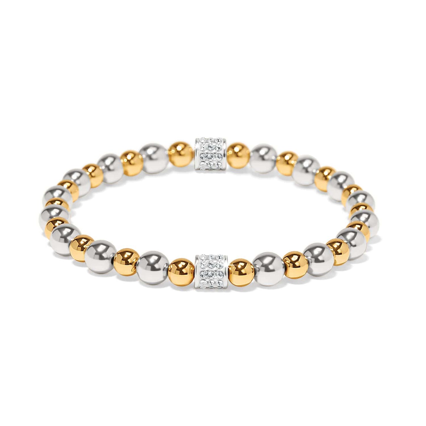 Brighton beaded stretch bracelet with silver and gold-plated beads and crystal pavé accents on a white background