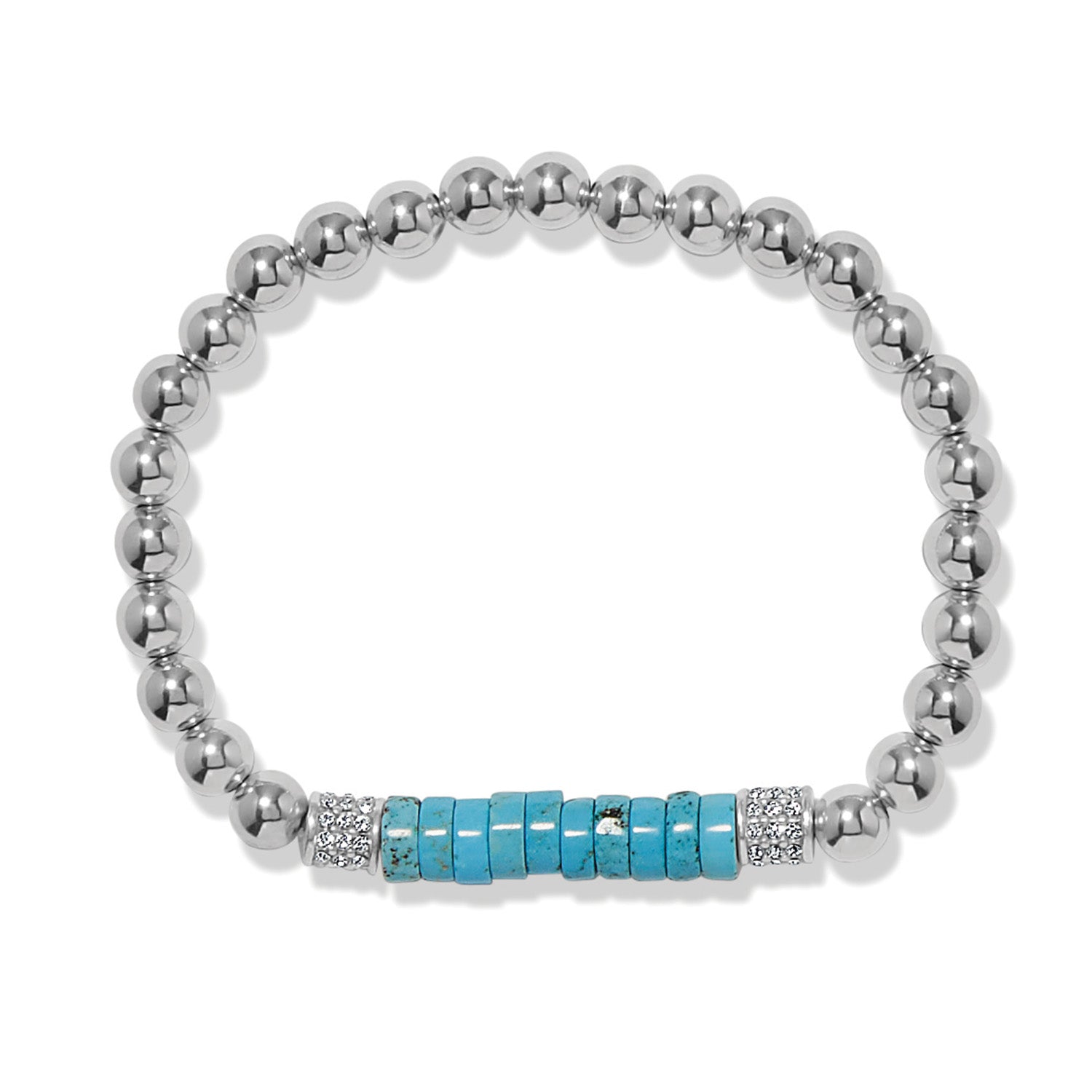Brighton beaded stretch bracelet with silver-plated beads, turquoise disc accents, and crystal pave rondelles on a white background