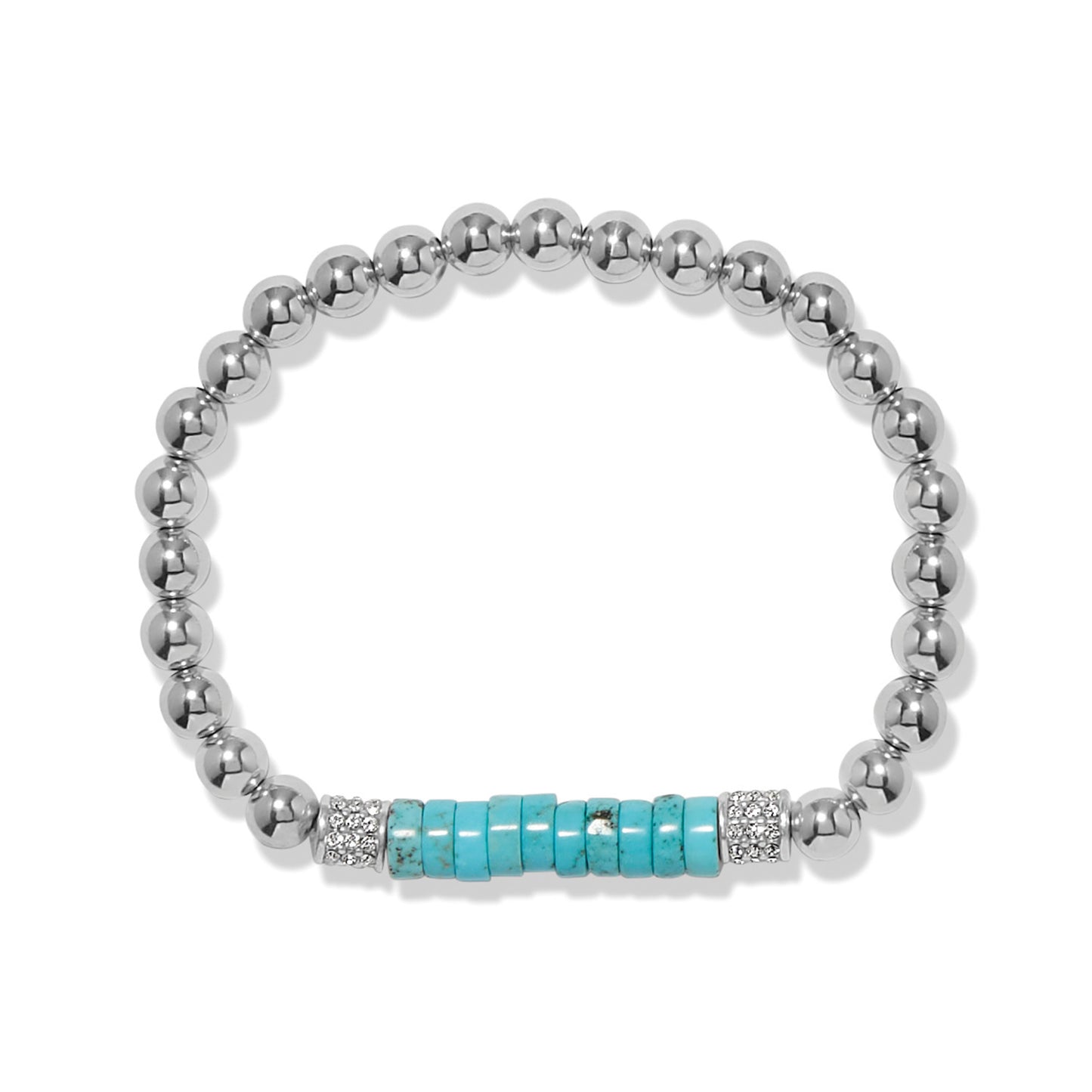 Brighton beaded stretch bracelet with silver-plated beads, turquoise disc accents, and crystal pavé rondelles on a white background