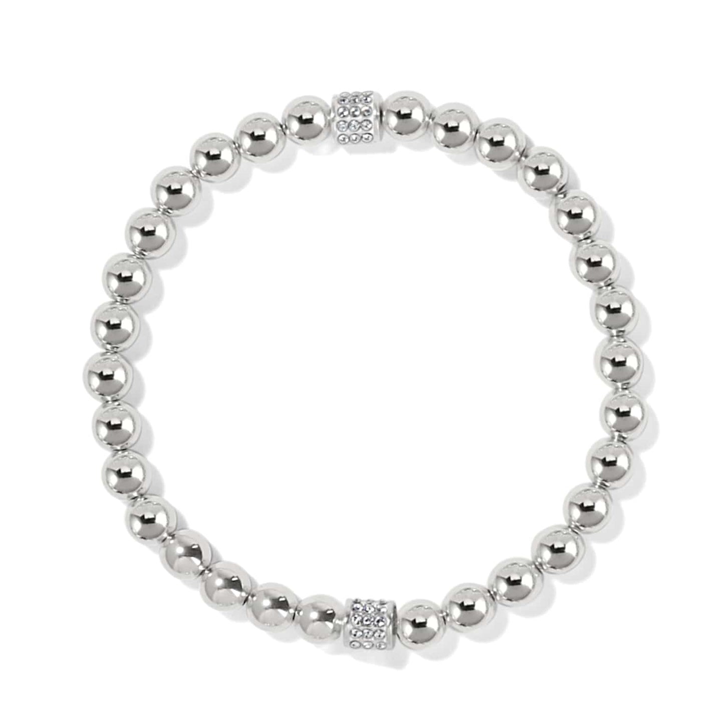 Brighton beaded stretch bracelet with silver-plated round beads and two crystal pavé accent beads on a white background