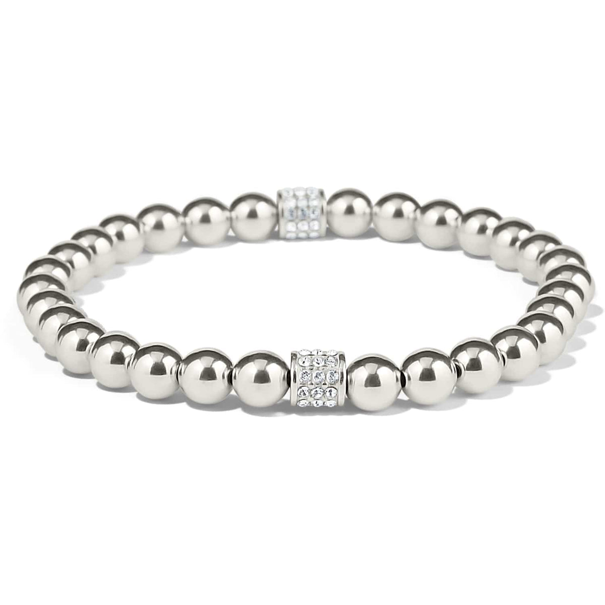 Brighton beaded bracelet with silver-plated round beads and two crystal pavé accent barrels on a white background