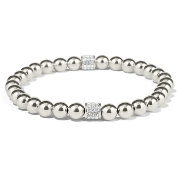Brighton beaded bracelet with silver-plated round beads and two crystal pavé accent barrels on a white background