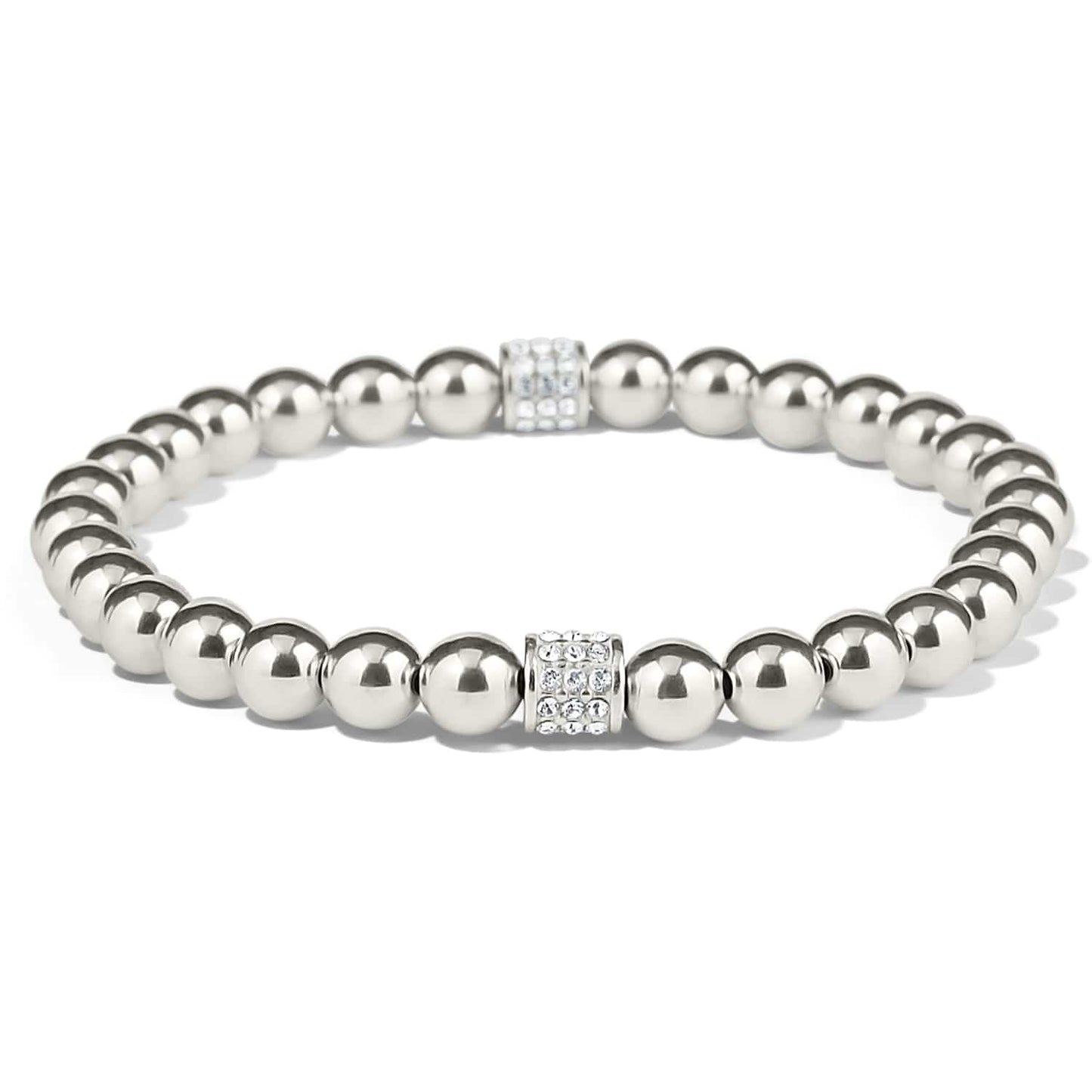 Brighton beaded bracelet with silver-plated round beads and two crystal pavé accent barrels on a white background