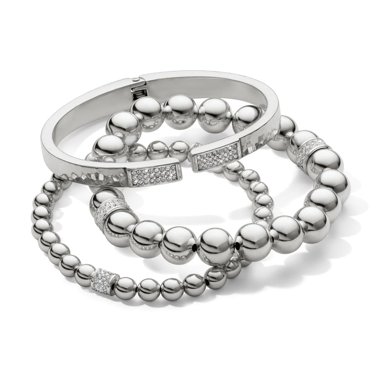 Brighton silver-plated bracelet set with polished beads, hammered bangle, and crystal-accented stations on a white background