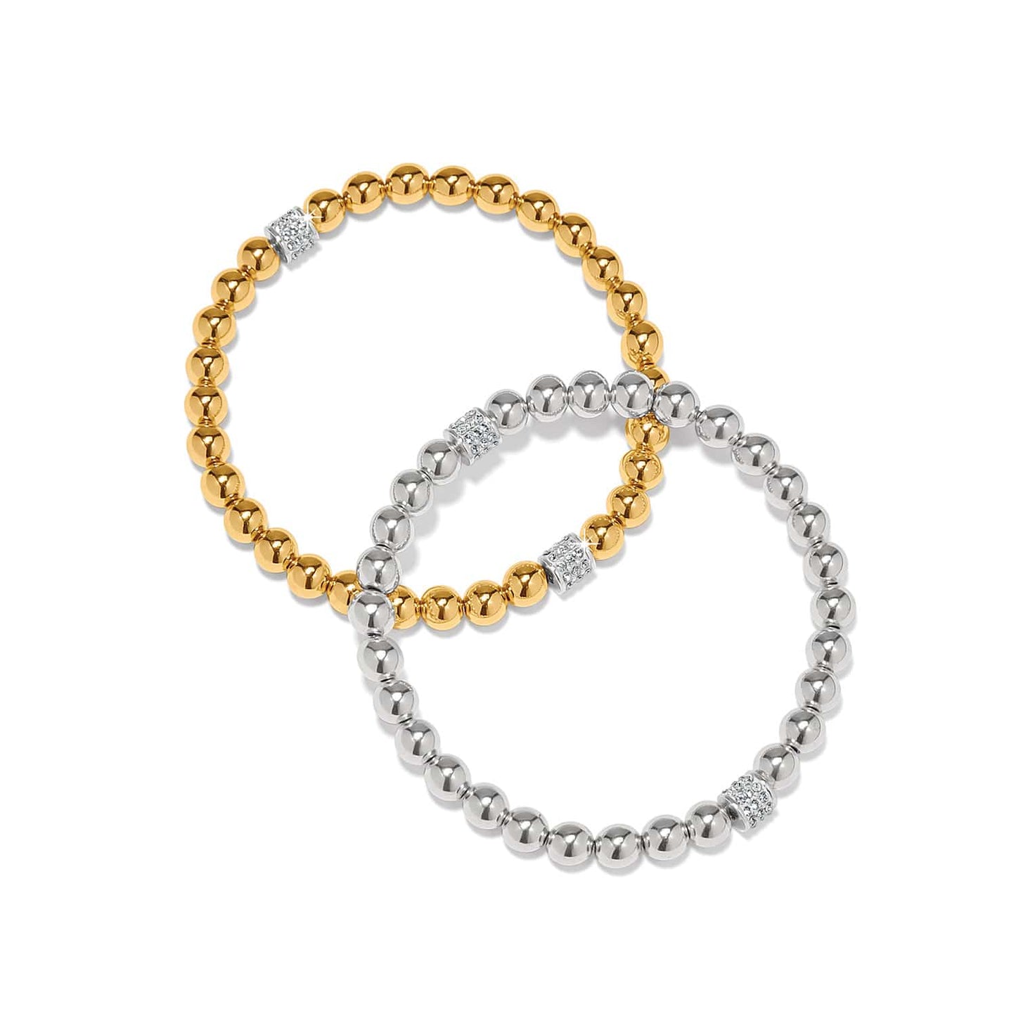 Brighton beaded stretch bracelets in gold-plated and silver-plated finishes with crystal accent stations on a white background