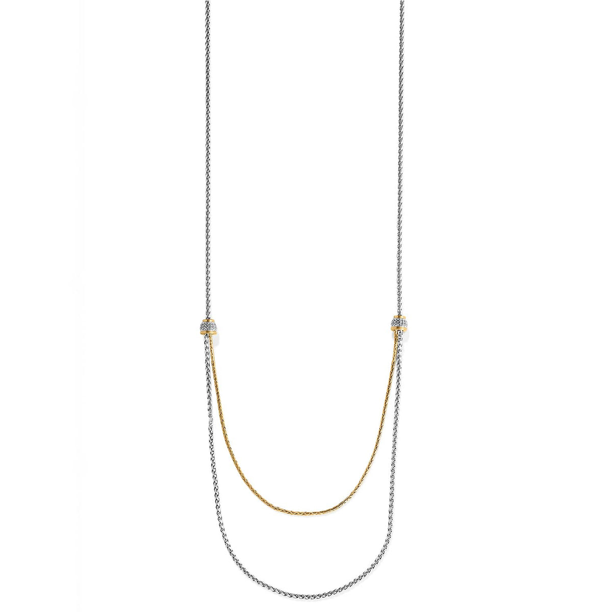 Brighton two-tone layered chain necklace with crystal-set beaded stations and draped gold and silver strands on a white background
